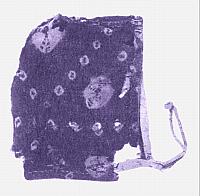 indigo-dyed hat, 11-12th cent, Bandiagara Hills, Mali, Cave C, artifact&lb; C-71-180, photo colorized from Gerard Jansen photo in History, Design, and Craft in West African Strip-Woven Cloth