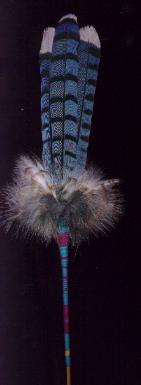 bluejay feathers on thread-wrapped stick